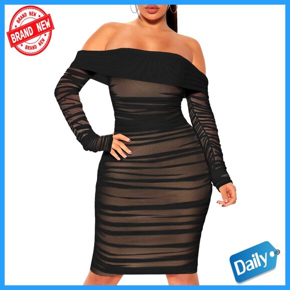 Mesh Long Sleeve Ruched Bodycon Dress Off Shoulder Party Date Night Outfit  - coffeafoods.com
